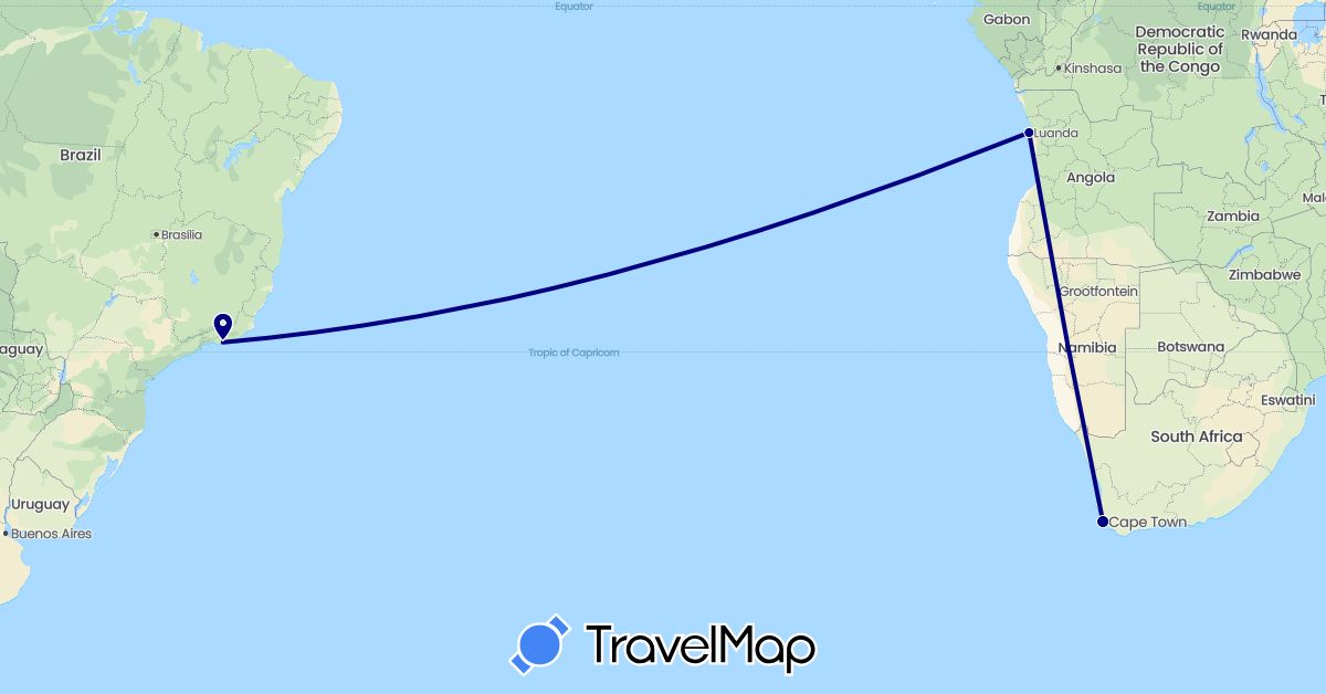 TravelMap itinerary: driving in Angola, Brazil, South Africa (Africa, South America)